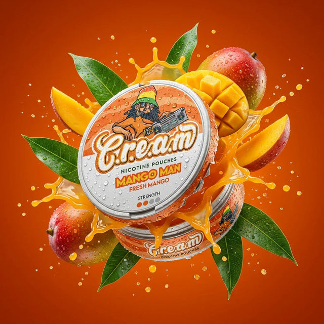 Lata de bolsitas de nicotina C.R.E.A.M Mango Man con mangos frescos y una salpicadura de zumo de mango