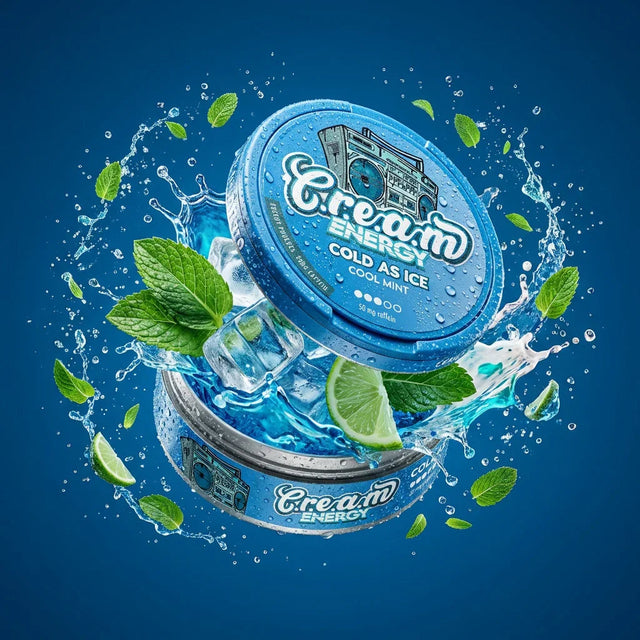 Lata de bolsitas de cafeína C.r.e.a.m Energy Cold As Ice de menta fresca con hielo, hojas de menta y lima