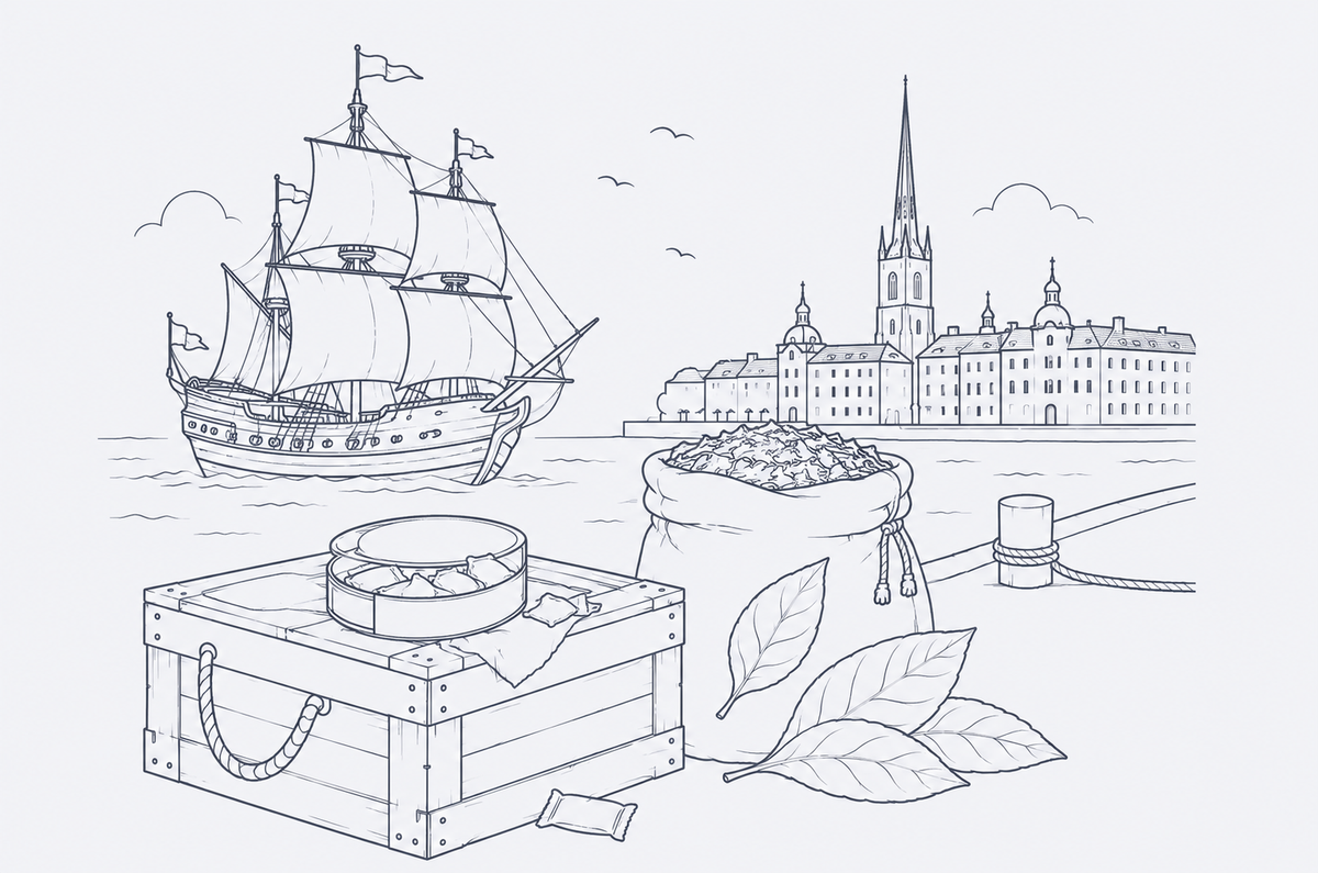 Dibujo lineal de un velero frente al casco antiguo de Estocolmo, una lata de snus sobre una caja de madera y un saco de hojas de tabaco