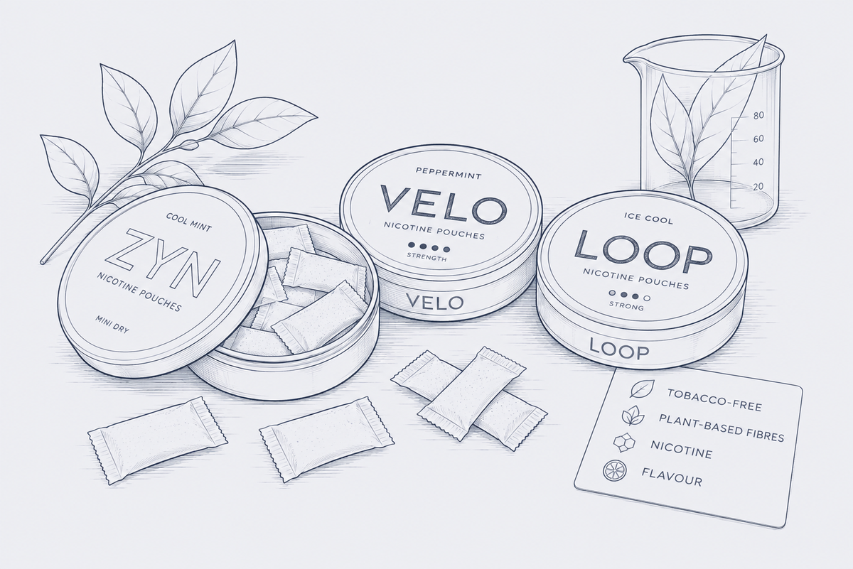 Dibujo de latas abiertas de ZYN, VELO y LOOP con bolsitas blancas, junto a una tarjeta: sin tabaco, fibras vegetales, nicotina, sabor
