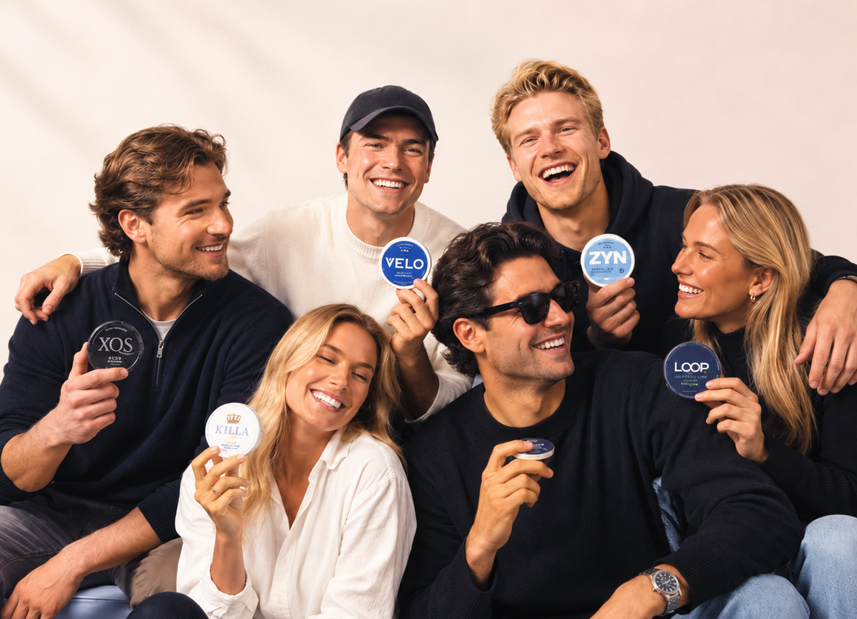 Six friends laughing together, holding cans of XQS, KILLA, VELO, ZYN and LOOP nicotine pouches